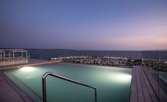 a rooftop pool overlooking the ocean , with a view of the water and surrounding landscape at Hotel Las Arenas