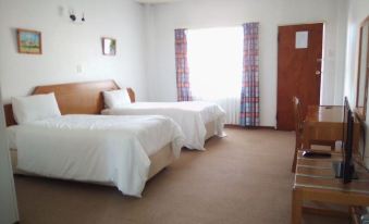 a hotel room with two beds , one on the left and one on the right side of the room at The Palace Hotel