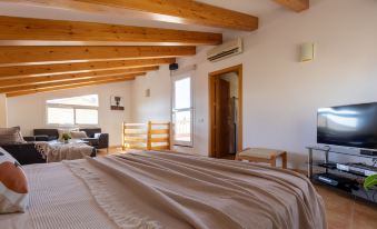 a spacious bedroom with wooden beams on the ceiling , a large bed , and a television at Sally