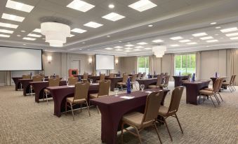 a large conference room with multiple rows of chairs arranged in a semicircle , and a projector mounted on the wall at Hilton Garden Inn Stony Brook