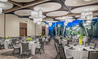 a large , well - lit dining room with numerous tables and chairs arranged for a formal event at The Hotel at Oberlin