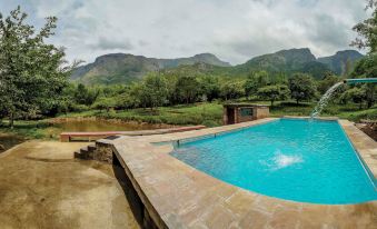 a large outdoor swimming pool surrounded by a grassy area , with mountains in the background at Jungle Hut