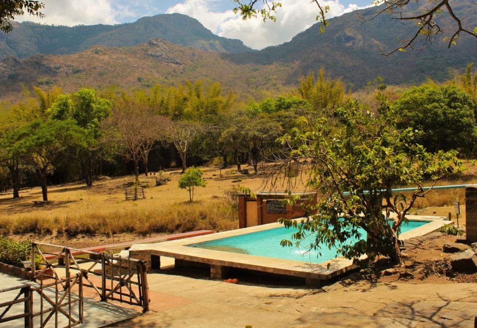 a large swimming pool surrounded by trees and grass , with mountains in the background , and a wooden deck extending from the pool at Jungle Hut