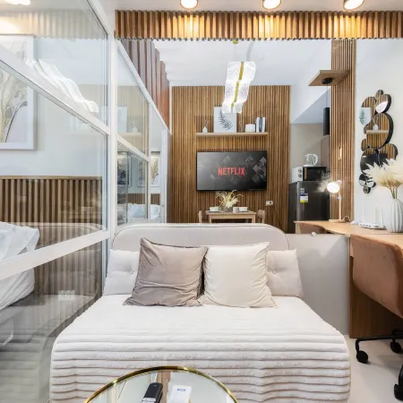 Elegant Wood-Accent Studio with Balcony
