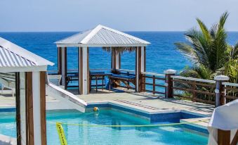 a wooden gazebo with a thatched roof is located on the edge of a pool , overlooking the ocean at The Sea Cliff Hotel Resort & Spa