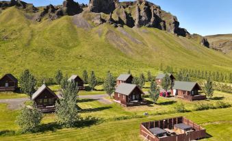 a group of wooden cabins surrounded by lush green grass and trees , with a mountain in the background at Hörgsland Cottages