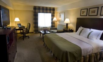 a hotel room with a comfortable bed , a desk , and a laptop on the desk at Holiday Inn Johnstown-Downtown