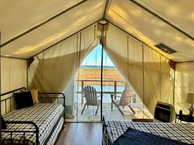Lakefront Glamping Tent + Tiny House A-Frame, King Bed, Fab View, Near Acadia