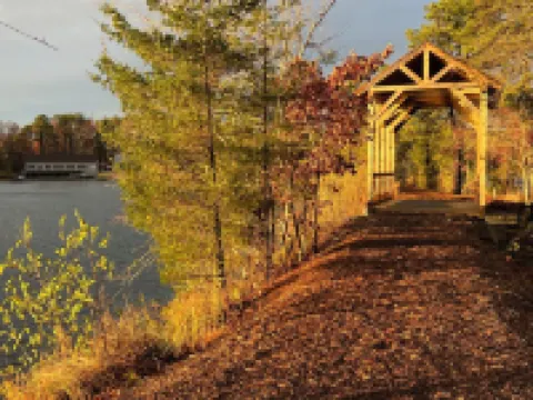 Waterfront Bungalow Nightly Panoramic View of Our Illuminated Covered Bridge