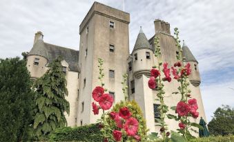 a castle - like building with multiple towers and towers , surrounded by a lush garden filled with pink flowers at Leslie Castle