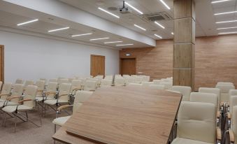 a large conference room with rows of chairs and a podium , ready for a meeting or presentation at Hotel Europe