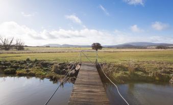 a wooden bridge spanning a body of water , with grass and trees in the background at Ratho Farm