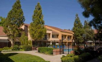 a modern apartment building surrounded by trees and grass , with a swimming pool in front of it at Courtyard Pleasanton