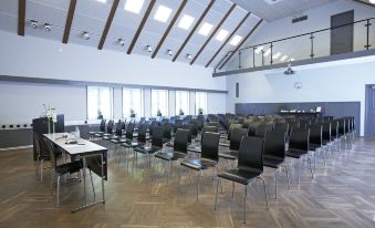 a large conference room with rows of chairs arranged in a semicircle , providing seating for a large group of people at Haringe Slott