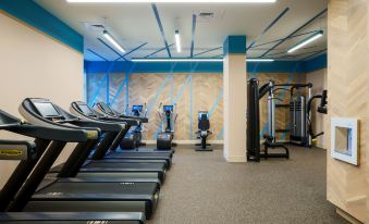 a well - equipped gym with various exercise equipment , including treadmills and weight machines , under a blue ceiling at Renaissance Meadowlands Hotel