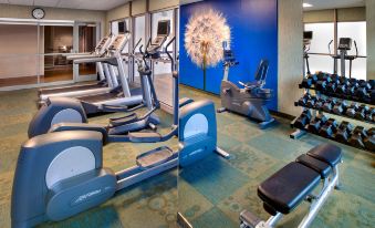 a gym with various exercise equipment , including treadmills and stationary bikes , in a blue - themed room at SpringHill Suites Philadelphia Willow Grove