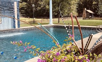 a large swimming pool with a fountain in the center , surrounded by greenery and flowers at Coulter Farmstead