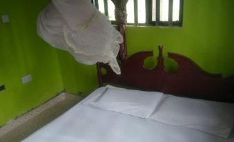 a bedroom with a green wall , white bed , and window , where the bed is not at Eddys Resort
