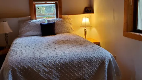 Nostalgic Lakefront Standing Log Cozy Cottage in a Peaceful Bay on 5 Lake Chain.