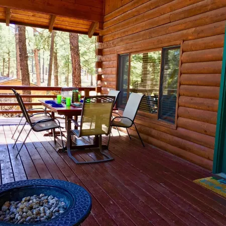Log Cabin in tall pines, backs to forest, great hiking, star-gazing, biking!