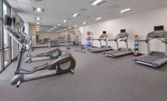 a gym with various exercise equipment , including treadmills and stationary bikes , is shown in the image at Courtyard Austin Pflugerville and Pflugerville Conference Center