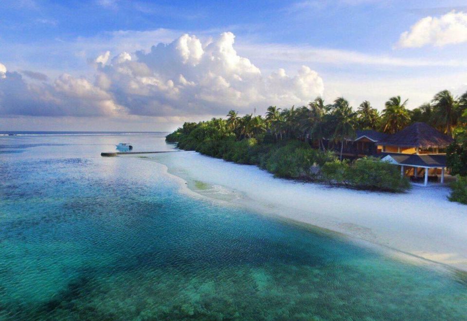 a tropical beach with clear blue water , white sand , and palm trees under a cloudy sky at Pearl Sands of Maldives