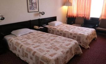 a hotel room with two beds , each covered in a pink and white checkered blanket , and curtains on the window at Hotel Bulgaria