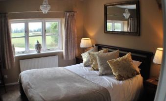 a cozy bedroom with a large bed , multiple pillows , and a mirror on the wall at The Bowl Inn