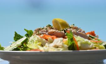 a plate of salad with a slice of lemon and a slice of lime on top at Anegada Reef Hotel