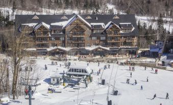 a large wooden lodge surrounded by snow - covered trees and a ski resort with a ski lift at Jay Peak Resort