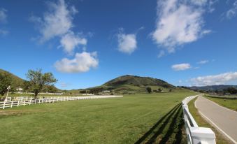 a grassy field with a white fence and a mountain in the background , under a blue sky dotted with clouds at Madonna Inn