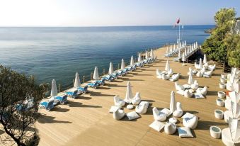 a wooden deck overlooking the ocean , with numerous lounge chairs and umbrellas set up for beachgoers at Paloma Pasha