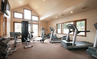 a well - equipped gym with various exercise equipment , including treadmills and weight machines , near large windows at The Deers Head Inn Tavern