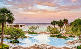 a large outdoor pool surrounded by lounge chairs and palm trees , with the ocean visible in the background at Curacao Marriott Beach Resort