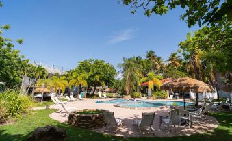 a resort with a pool surrounded by palm trees , lounge chairs , and umbrellas , providing a relaxing atmosphere at Solace by the Sea