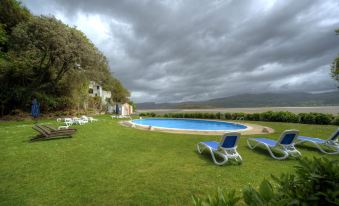 a large swimming pool is surrounded by lounge chairs and a grassy area with trees at Portmeirion Village & Castell Deudraeth