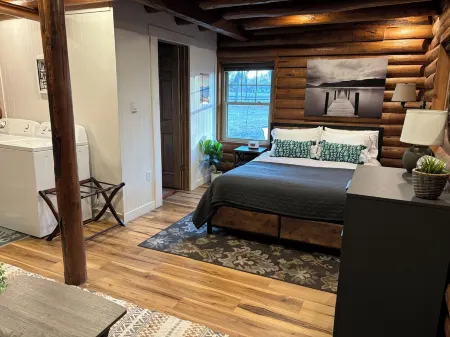 Modern Log Cabin in woods with two gas fireplaces; 20 acres; great location.