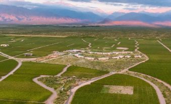 aerial view of a grassy field with mountains in the background , featuring a large building and a small village at The Vines Resort & Spa