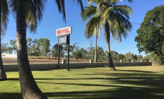 a motel sign is seen in a park with palm trees and grass , under a clear blue sky at Hillview Motel