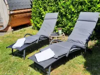 Vacation home with barrel sauna, fireplace and massage chair.
