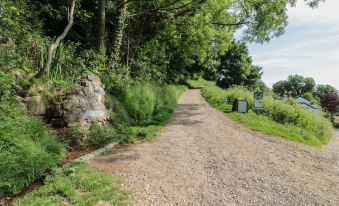 a gravel road winding through a lush green field , surrounded by trees and bushes , leading to a small village at Lilac Cottage