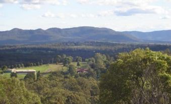 a scenic view of a valley with green fields , trees , and mountains in the background at Hunter Valley Retreat