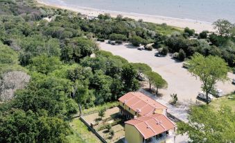 aerial view of a residential area near the ocean , with a house and parking lot visible at Dora