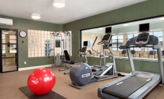 a well - equipped gym with various exercise equipment , including treadmills , elliptical machines , and a red exercise ball at Homewood Suites by Hilton Newtown - Langhorne