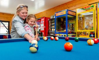 a woman and a young girl are playing pool together , with the girl reaching for the balls at Wellington Top 10 Holiday Park