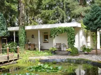 A Detached Bungalow with Outdoor Fireplace Covered Terrace and Pond in a Forest Plot