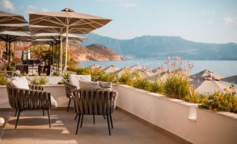 a patio with tables and chairs , surrounded by a beautiful view of the ocean and mountains at Megisti Hotel