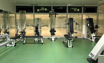 a well - equipped gym with various exercise equipment , including treadmills and weight machines , on a green floor at Hotel Francis