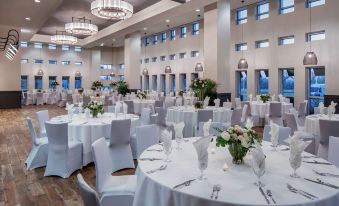 a large dining room with many round tables and chairs set up for a formal event , possibly a wedding reception at Hilton Shreveport