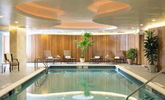 a modern swimming pool area with wooden paneling , clear water , and lounge chairs under a circular skylight at Garden City Hotel